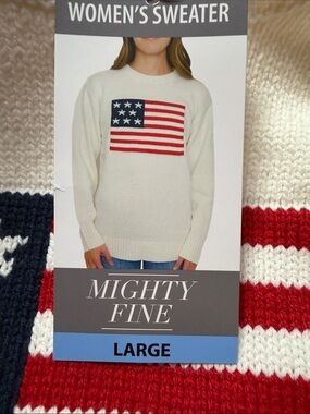 Mighty Fine White Crewneck Sweater with Red & Blue Flag L NWT